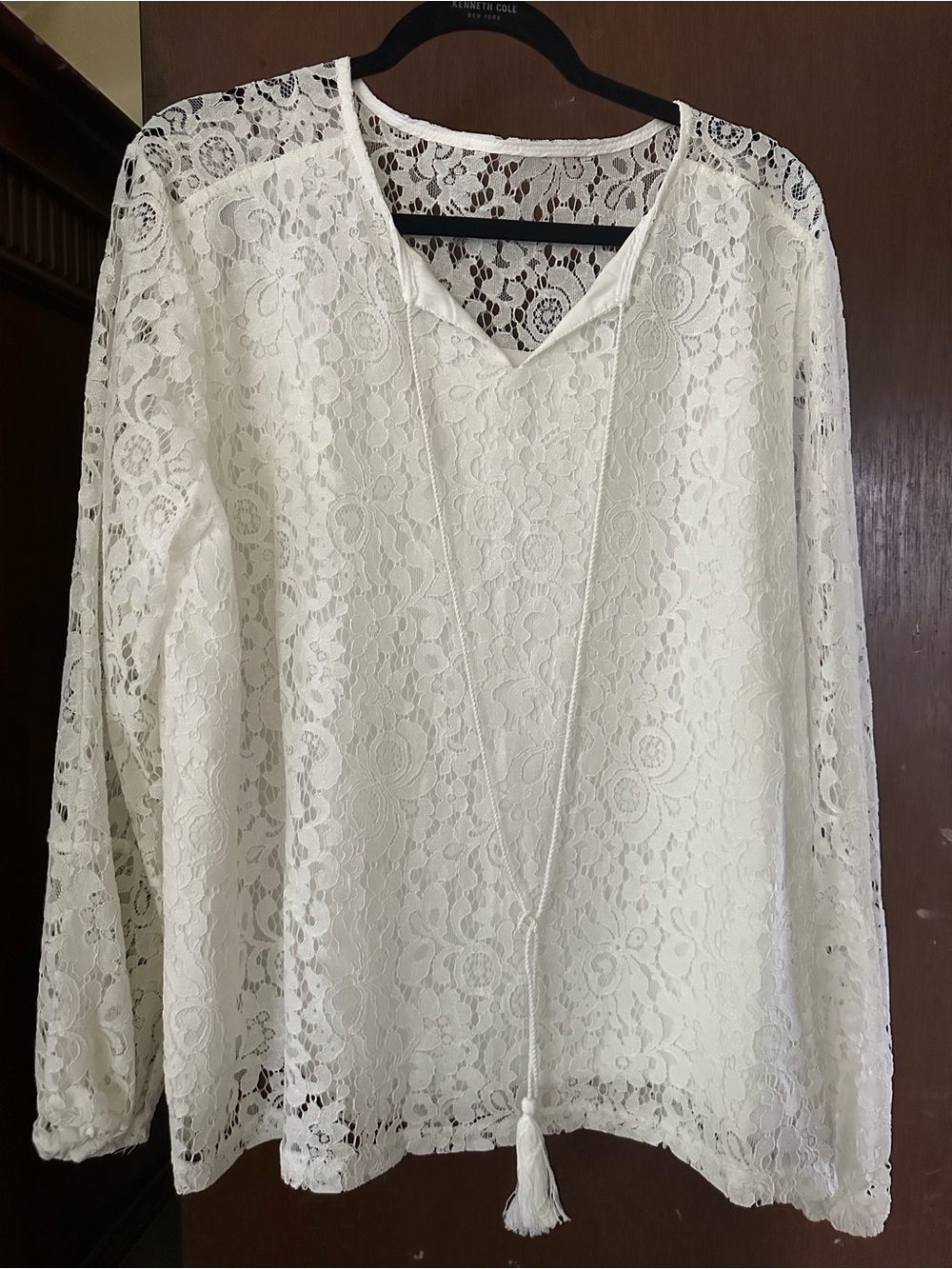 Lace Tie-Neck Long-Sleeve Blouse in White